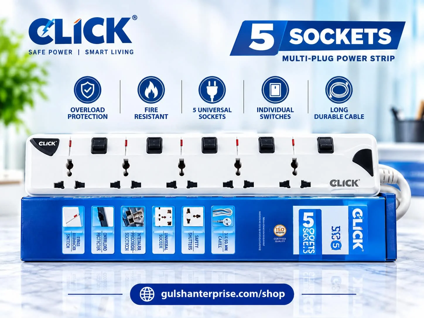 Click 5 Sockets Multi-Plug Power Strip with Individual Switches - Gulshan Enterprise